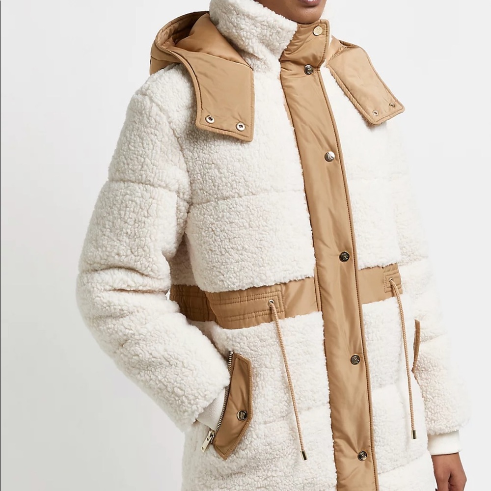 Borg Cream Padded Parka Coat Sherpa - Picture 2 of 6